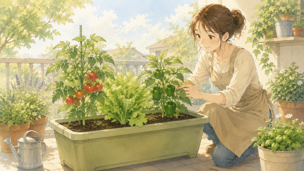プランターで野菜の苗が元気に育っている様子。 土がふかふかで根がしっかり張っているイメージ。