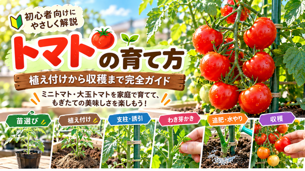 赤く完熟したトマトが鈴なりに実ったベランダ菜園の様子を描いたイラスト