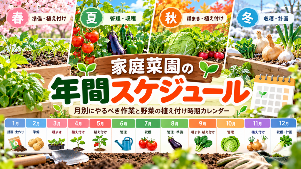家庭菜園の年間スケジュールを春夏秋冬と1月から12月の月別作業で示したイラスト。