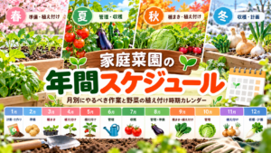 家庭菜園の年間スケジュールを春夏秋冬と1月から12月の月別作業で示したイラスト。