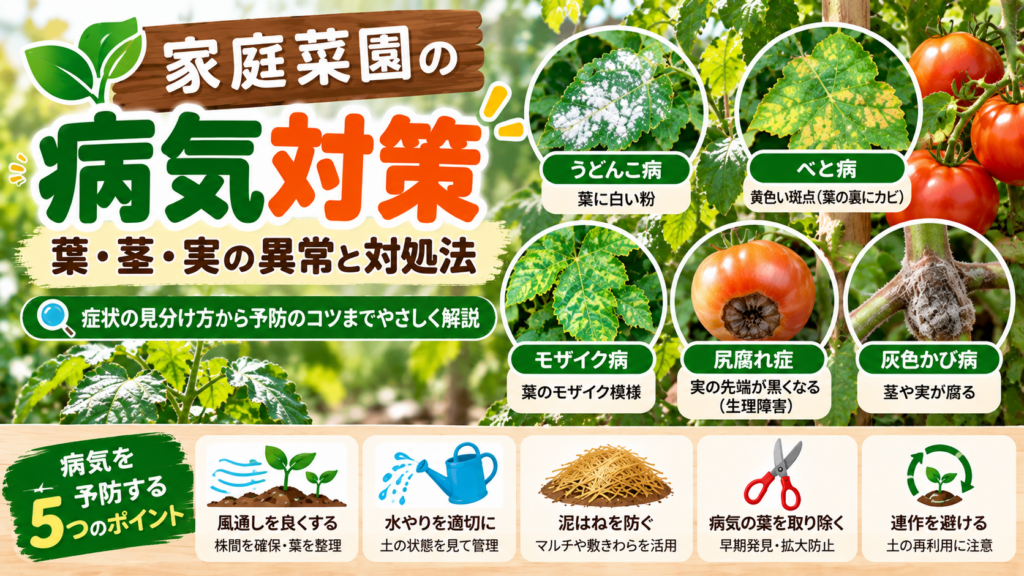 家庭菜園の野菜に見られるうどんこ病やべと病、モザイク病、灰色かび病などの症状と病気対策を紹介するイラスト