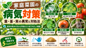 家庭菜園の野菜に見られるうどんこ病やべと病、モザイク病、灰色かび病などの症状と病気対策を紹介するイラスト