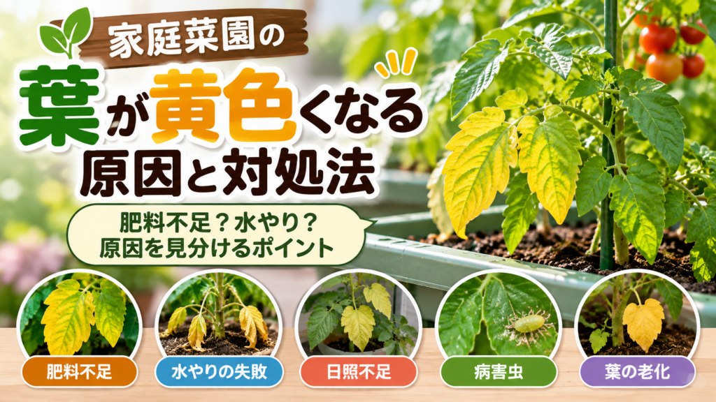 家庭菜園で葉が黄色くなった野菜と緑色の葉を比較した画像